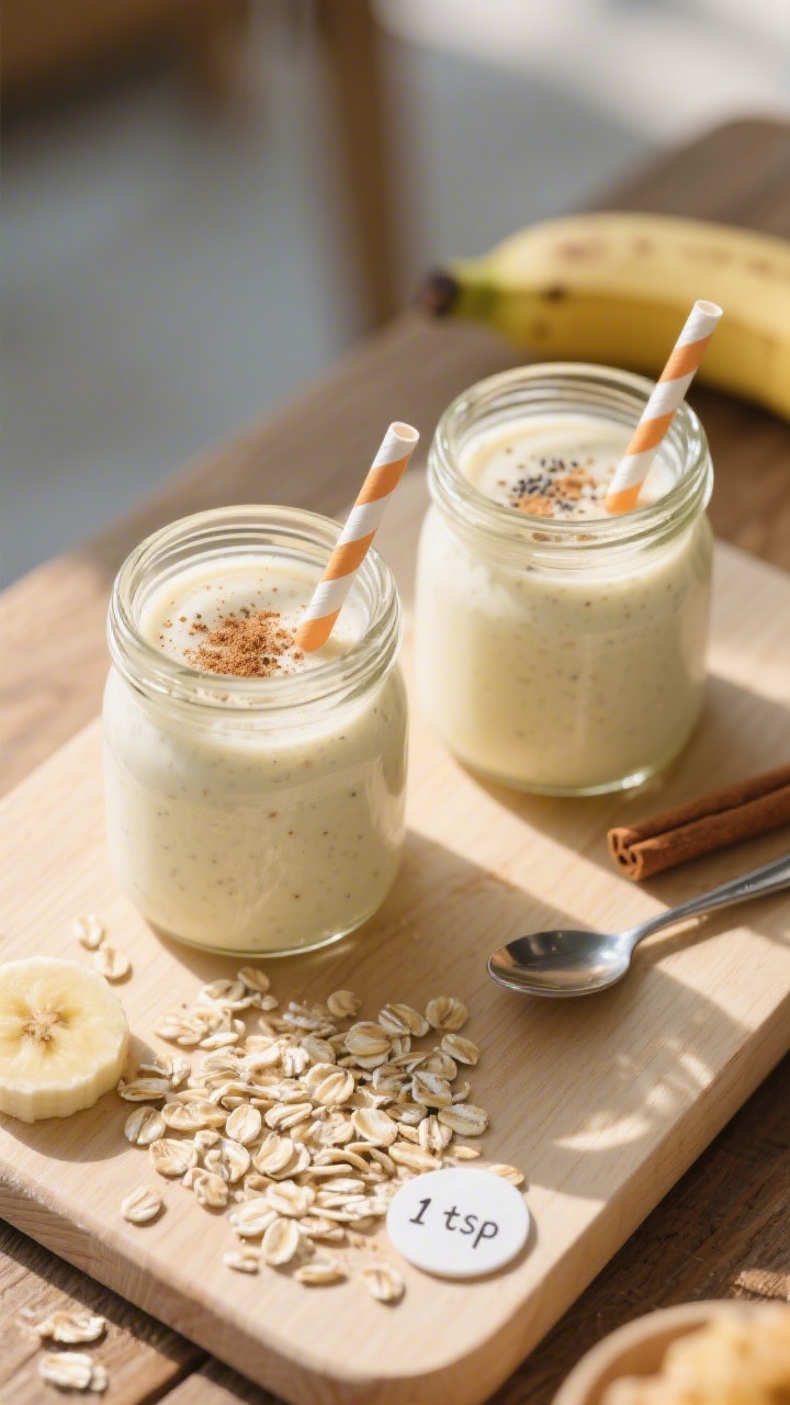 Tasty top view: Overhead shot of two small toddler-friendly smoothie servings in mini mason jars wit