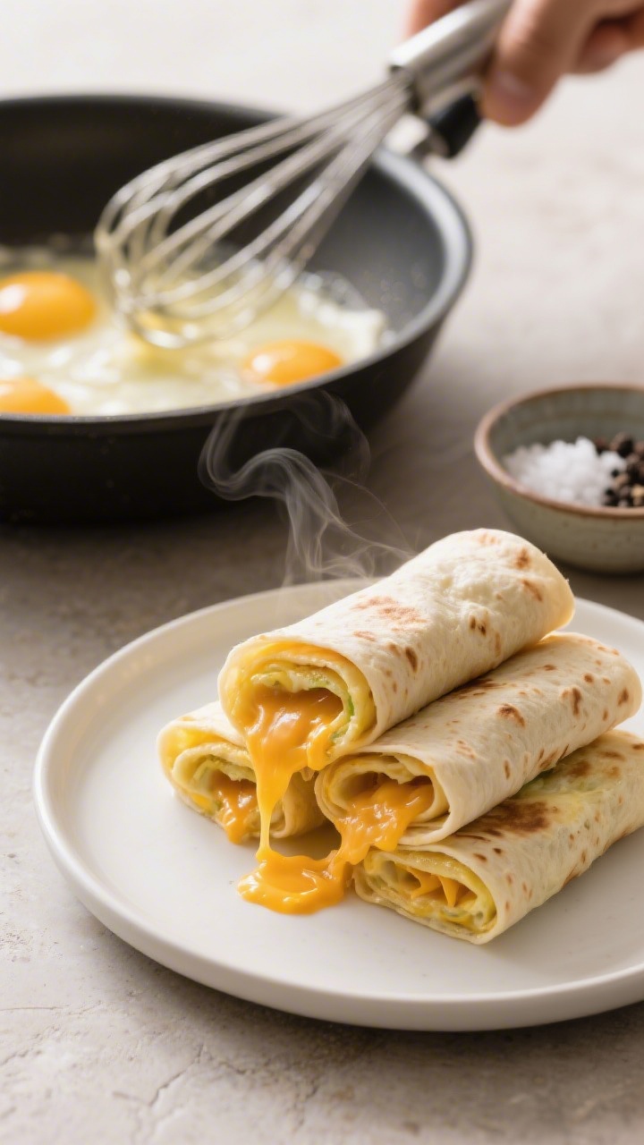 45-degree action-style close-up of egg-and-cheese roll-ups just off the pan: thin omelet sheets made from whisked eggs and milk, rolled inside warm flour tortillas with melted shredded cheddar oozing at the seam; a nonstick skillet with butter sheen in frame, a whisked egg mixture bowl, salt and black pepper pinch nearby; stack of finished roll-ups on a simple white plate, cheese pull detail, soft steam, minimal rustic surface.