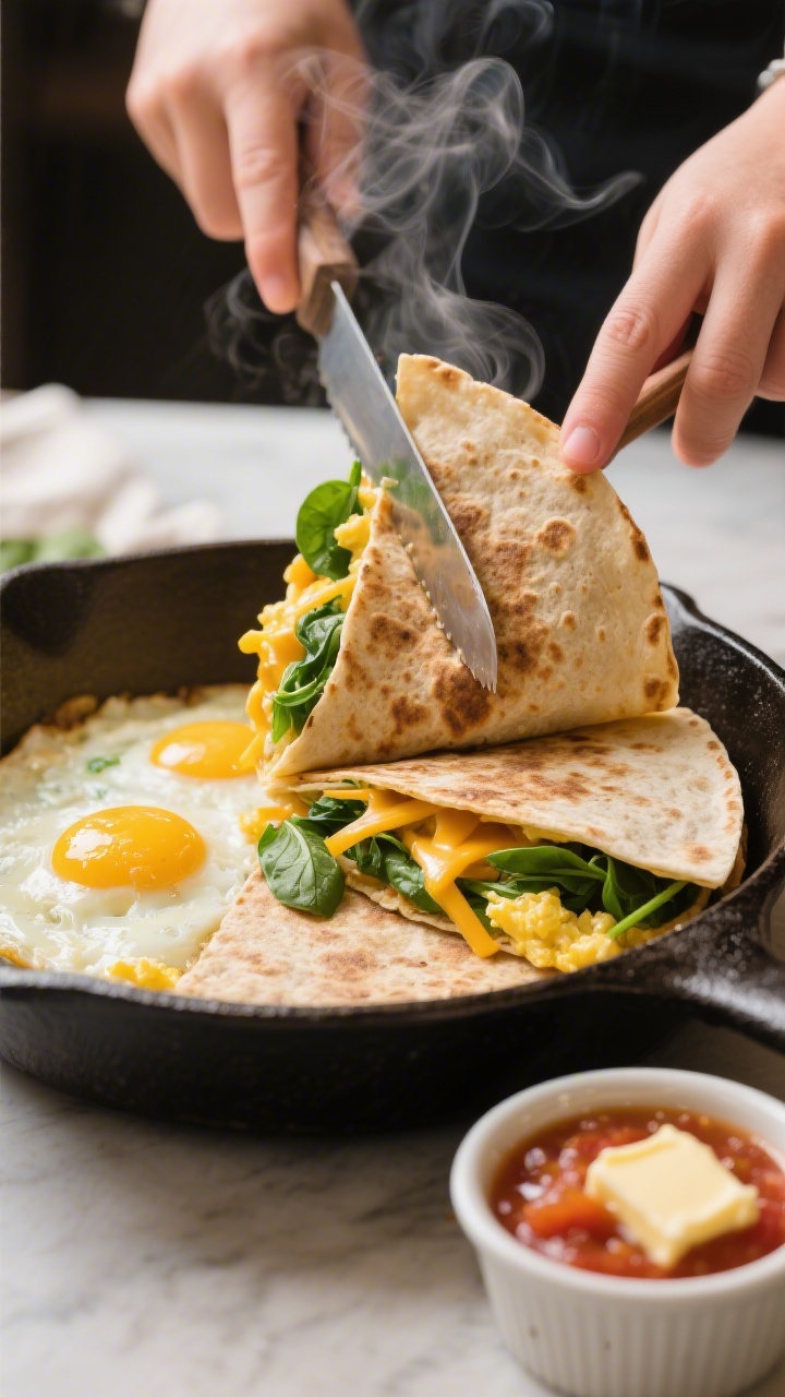 45-degree angle action shot of eggy breakfast quesadillas being sliced: whole wheat tortillas golden and crisp in a cast-iron skillet, oozing sharp cheddar with ribbons of chopped baby spinach and soft scrambled eggs; a small ramekin of mild salsa on the side, a pat of butter melting on the skillet edge; bright, kid-friendly colors, steam gently rising.