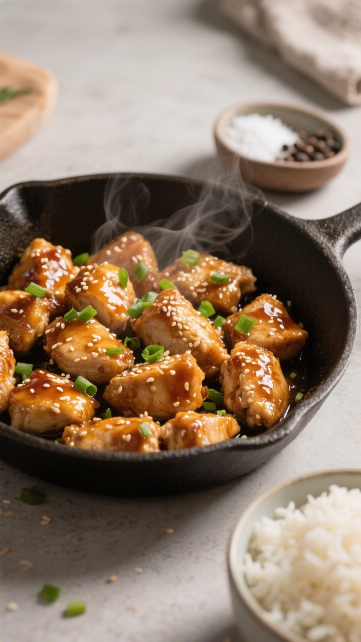 45-degree angle action shot of one-pan honey-garlic chicken bites in a skillet: bite-sized pieces of boneless chicken lightly coated with cornstarch seared to a glossy, sticky finish from honey-garlic sauce, steam rising; sesame seeds and chopped green onion garnish for freshness, with a bowl of fluffy sticky rice on the side; a small pinch bowl of cornstarch, salt, and black pepper visible in the background to hint at prep; warm, glossy lighting to accentuate the glaze.