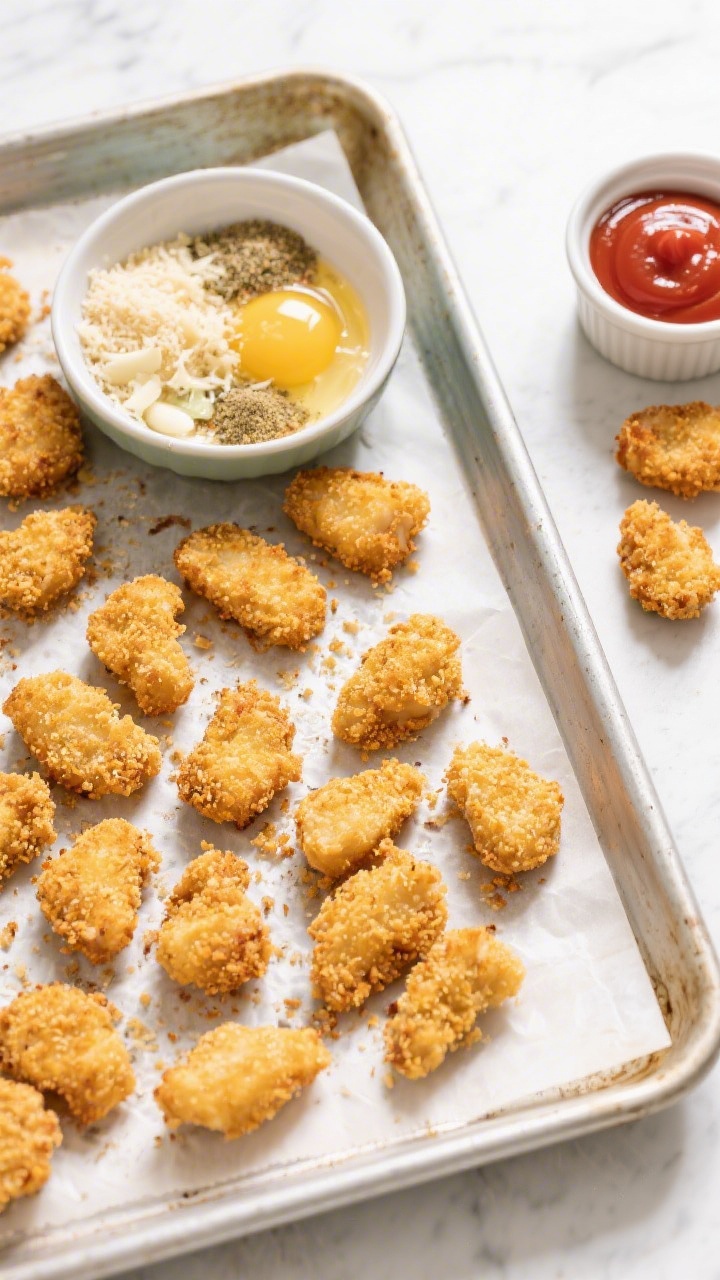 45-degree angle baking scene for Crispy Baked Chicken Nugget Bites: parchment-lined sheet pan with golden, panko-coated chicken nugget bites just out of the oven, a shallow bowl showing the breading station (panko, grated Parmesan, garlic powder, onion powder), beaten egg in a ramekin, a few uncooked nuggets to one side for contrast, crunchy texture highlighted, clean kid-friendly styling with a ramekin of ketchup, bright daylight.