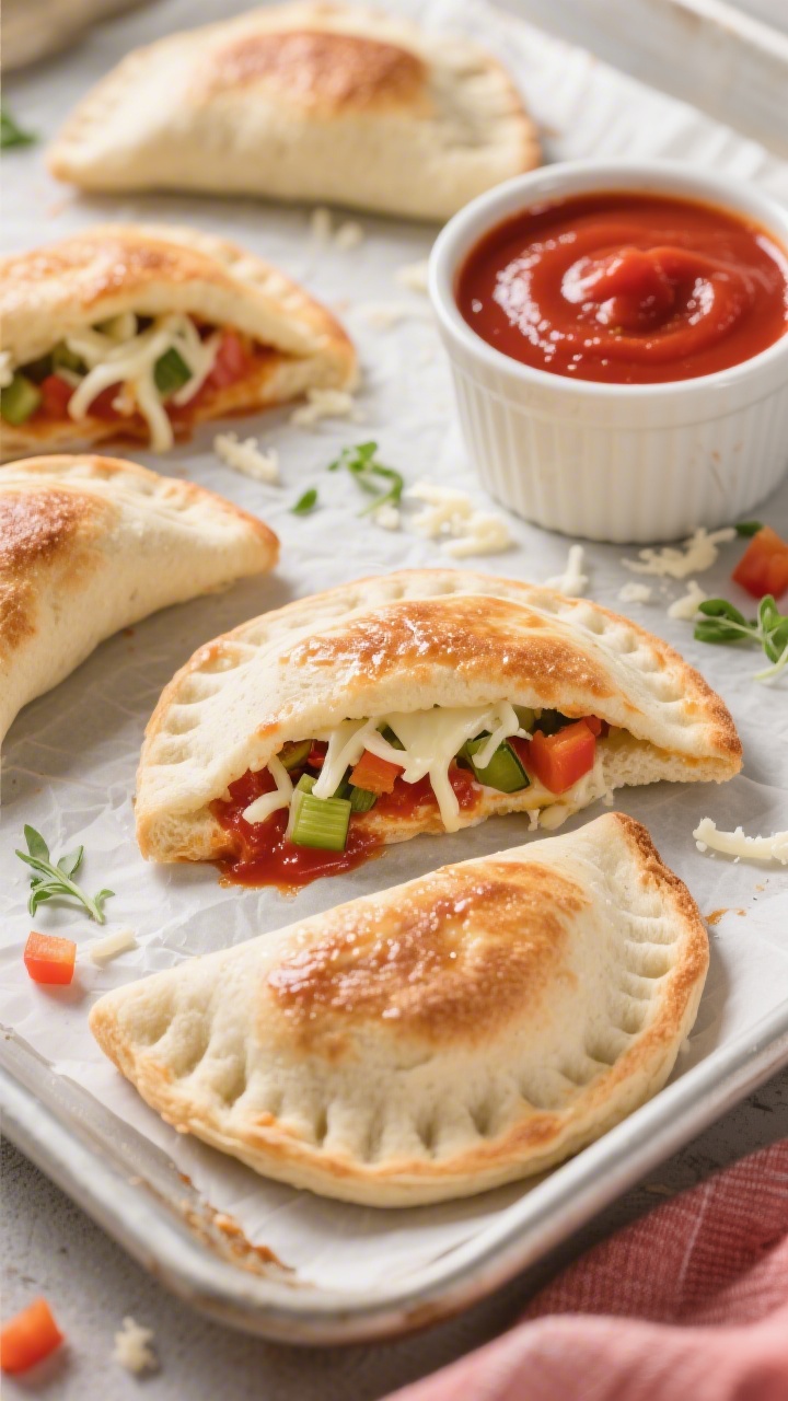 45-degree angle baking-sheet scene of “Cheesy Veggie Pizza Pockets (Crustless and Squishy)”: crustless white or whole wheat bread sealed into soft pockets oozing slightly with smooth marinara/no-chunk pizza sauce, finely shredded mozzarella, and very finely chopped veggies peeking at the seams; brushed tops lightly glistening, a ramekin of extra marinara alongside; sprinkled stray mozzarella and micro-diced veggies on parchment; vivid red sauce and stretchy cheese emphasized, soft-focus background, kid-appealing warmth.