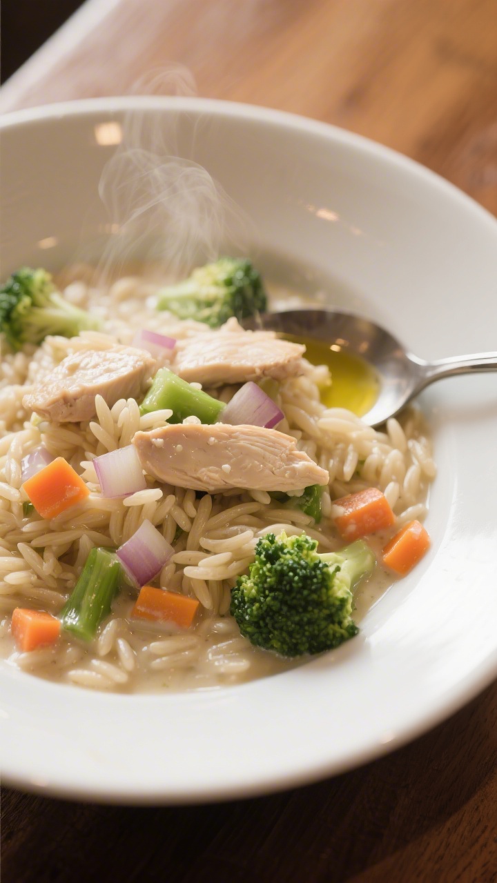 45-degree angle bowl shot of creamy chicken and veggie orzo, glossy and saucy, with tiny pieces of tender chicken, very finely chopped onion, diced carrot, and bright green broccoli florets nestled among plump orzo; steam gently rising, spoon resting on the rim, drizzled with a touch of olive oil; styled in a matte white bowl on a warm wooden table, soft comfort-food mood.