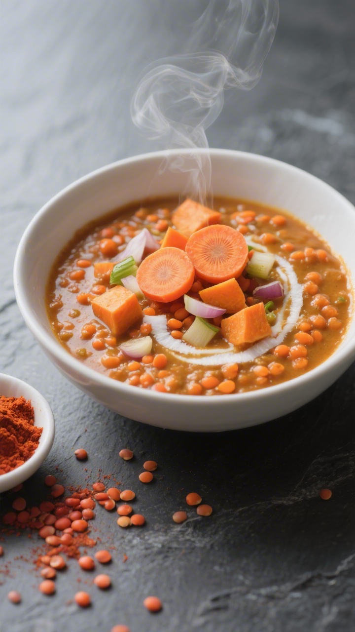 45-degree angle bowl shot of creamy red lentil and sweet potato dhal with coconut: velvety orange lentils simmered with diced sweet potato, carrot, finely chopped onion, and a whisper of garlic, scented with mild curry powder. Served in a matte white bowl, swirl of coconut richness, topped with a few soft carrot coins and a light dusting of curry, steam gently rising, placed on a slate surface with a small dish of curry powder and red lentils scattered.
