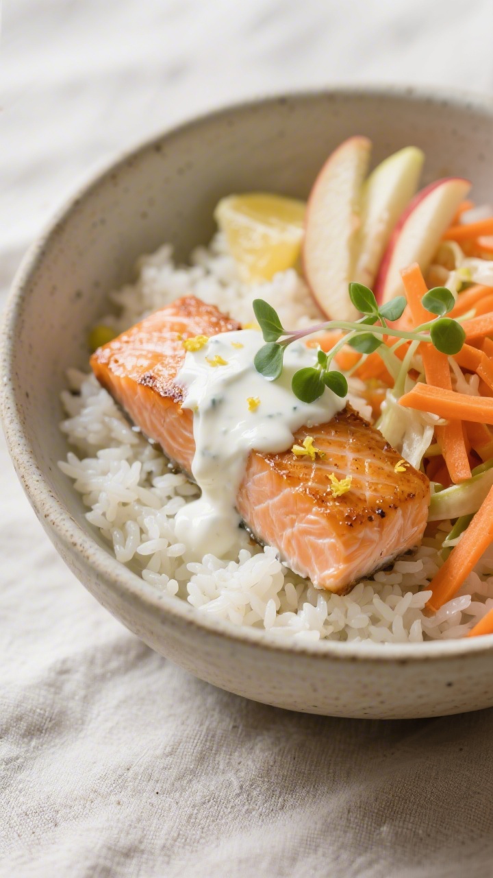 45-degree angle bowl shot of creamy salmon rice bowls: flaked salmon fillets seared in olive oil, seasoned with lemon zest and a pinch of salt and pepper, nested over warm white rice. Creamy yogurt drizzle on top, paired with a crisp carrot-apple slaw (visible thin orange and pale apple matchsticks) for freshness. Garnished minimally with microgreens. Served in a shallow stoneware bowl on a light linen, soft natural light highlighting moist salmon and fluffy rice.