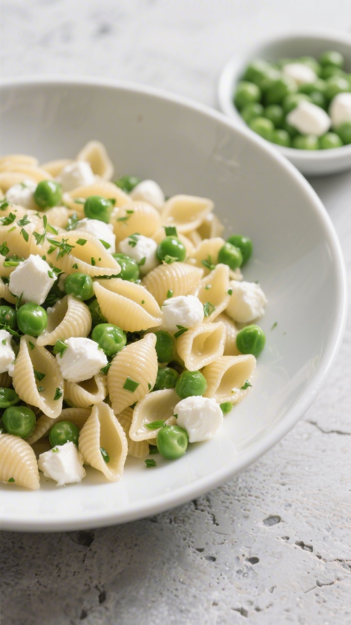 45-degree angle bowl shot of no-sauce pasta salad featuring tiny pasta shapes (small shells or ditalini), mozzarella pearls, and pea “confetti.” The pasta is glossy from a light toss, with bright green peas and white mozzarella dots evenly dispersed; a sprinkle of very finely chopped mild herbs visible. Served in a matte white bowl on a cool stone surface, a small dish of extra peas and mozzarella on the side. Clean, fresh, toddler-friendly simplicity emphasized.