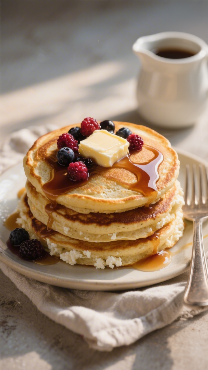 45-degree angle breakfast-for-dinner stack of cottage cheese pancakes: golden, slightly nubbly pancakes showing tiny curd texture at the edges, topped with a glossy berry swirl syrup marbled from warm mixed berries and a ribbon of maple sweetness, a pat of butter melting down the sides; a small pitcher of extra berry syrup, fork and linen napkin nearby; soft morning-evening cross light, emphasizing fluffiness and sheen.