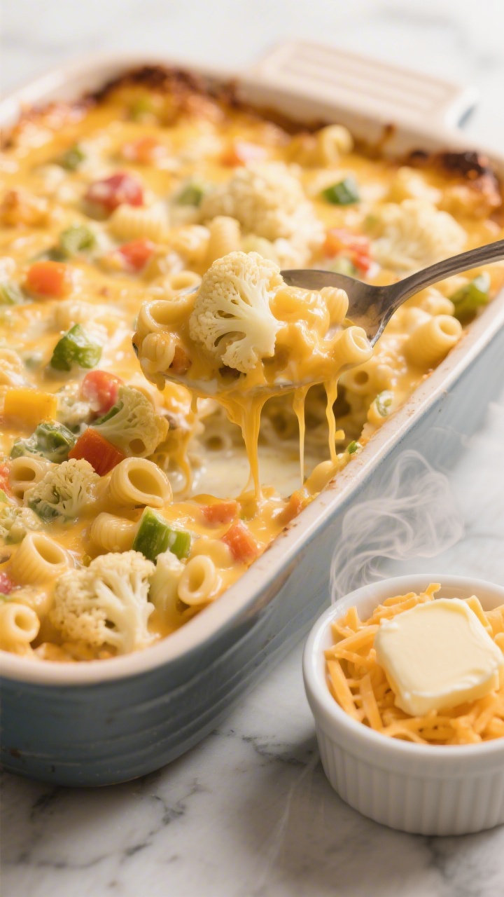 45-degree angle casserole shot of a rainbow veggie mac & cheese bake with hidden cauliflower, baked until bubbly and golden at the edges. Small pasta shapes (elbows or mini shells) coated in creamy cheddar cheese sauce made from milk, butter, and flour, with tender small cauliflower florets folded throughout. A serving spoon lifts a scoop to reveal stretchy melted mild cheddar strands and the cauliflower pieces. Warm, cozy tones, ceramic baking dish on a marble surface, a small ramekin of extra shredded cheddar and a pat of butter nearby, steam softly rising.