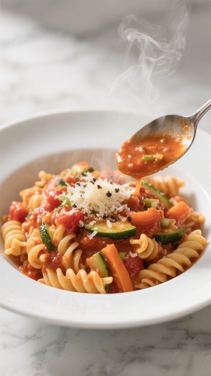 45-degree angle close-up of a creamy tomato pasta in a wide white bowl: short pasta (rotini) coated in a silky tomato sauce, flecked with finely grated zucchini and carrots that melt into the sauce, glossy from a touch of olive oil, with visible minced garlic. Steam subtly rising, a spoon twirl showing sauce clinging to curves, garnished with a tiny sprinkle of grated cheese and cracked pepper. Cozy weeknight mood, clean marble background, shallow depth of field, professional studio lighting.