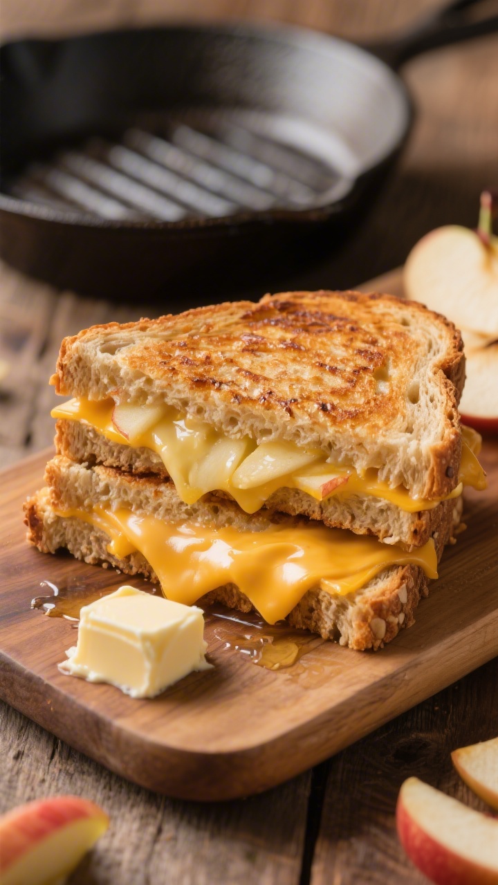 45-degree angle close-up of a crunchy apple cheddar “grilled” sandwich made without a grill: two slices of whole-grain bread pan-toasted in butter to a golden, even crust, oozing sharp cheddar edges and visible thin fan of Honeycrisp apple slices inside; a small pat of softened butter and a buttered skillet in the background for context; cut on the bias with melty cheese stretch and glossy apple sheen, served on a small wooden board with a few extra apple slices; warm, cozy tones emphasizing contrast between crispy toast, melty cheese, and juicy apples.