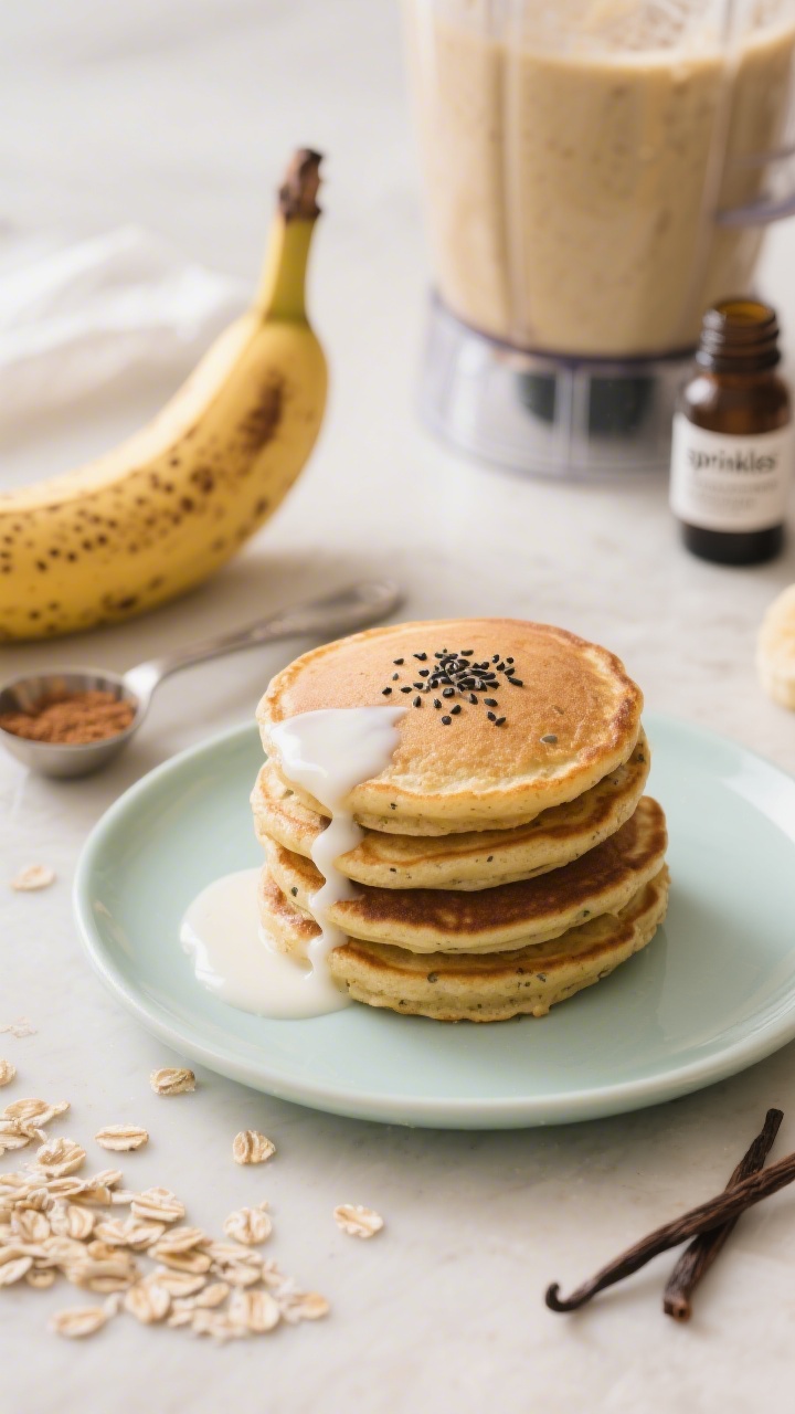 45-degree angle close-up of banana-oat blender pancakes stacked short and toddler-sized on a small pastel plate: golden, slightly nubby texture from rolled oats, dotted with tiny black chia “sprinkles” embedded in the batter, a drizzle of milk-moistened sheen. In the background, a blender jar with remaining batter, a ripe spotted banana, a pinch of cinnamon spilled near a measuring spoon, and a small bottle labeled vanilla. Soft morning light, warm cozy mood, shallow depth of field.