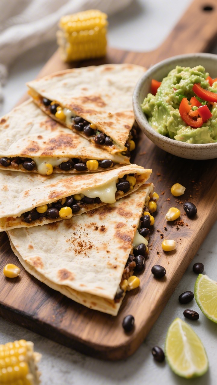 45-degree angle close-up of black bean and sweet corn quesadillas cut into wedges, cheese just melted, lightly toasted tortillas with visible cumin and mild chili powder warmth; a side of chunky avocado smash with lime in a small bowl; optional finely chopped bell pepper peeking from the filling for color; served on a rustic board with a few corn kernels and black beans scattered artfully.