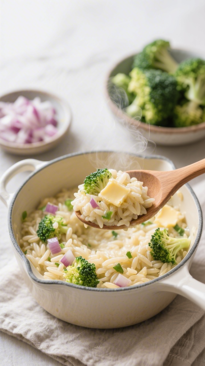 45-degree angle close-up of cheesy broccoli orzo “risotto” in a small enamel saucepan: tender orzo stirred with butter, tiny flecks of finely minced onion and very finely chopped broccoli florets, ultra-creamy from warm low-sodium broth absorption, scoopable and luscious. A wooden spoon lifting a mound to highlight the thick, cohesive texture; steam rising. In the background, a small dish of minced onion and a bowl of chopped broccoli. Neutral linens, bright clean light, shallow depth of field.