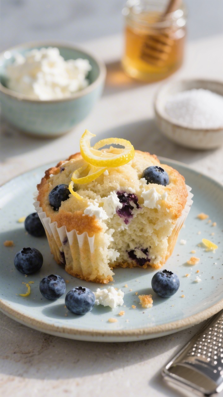45-degree angle close-up of Cottage Cheese Blueberry Muffins with a lemon zest “kiss,” cut muffin showing moist interior dotted with small-curd cottage cheese and bursting blueberries; lemon zest curls on top, sheen from coconut oil; background props include a small bowl of cottage cheese, a jar of honey, a dish of sugar, and a microplane with fresh lemon; cool-toned ceramic plate, subtle crumb scatter, bright natural light.