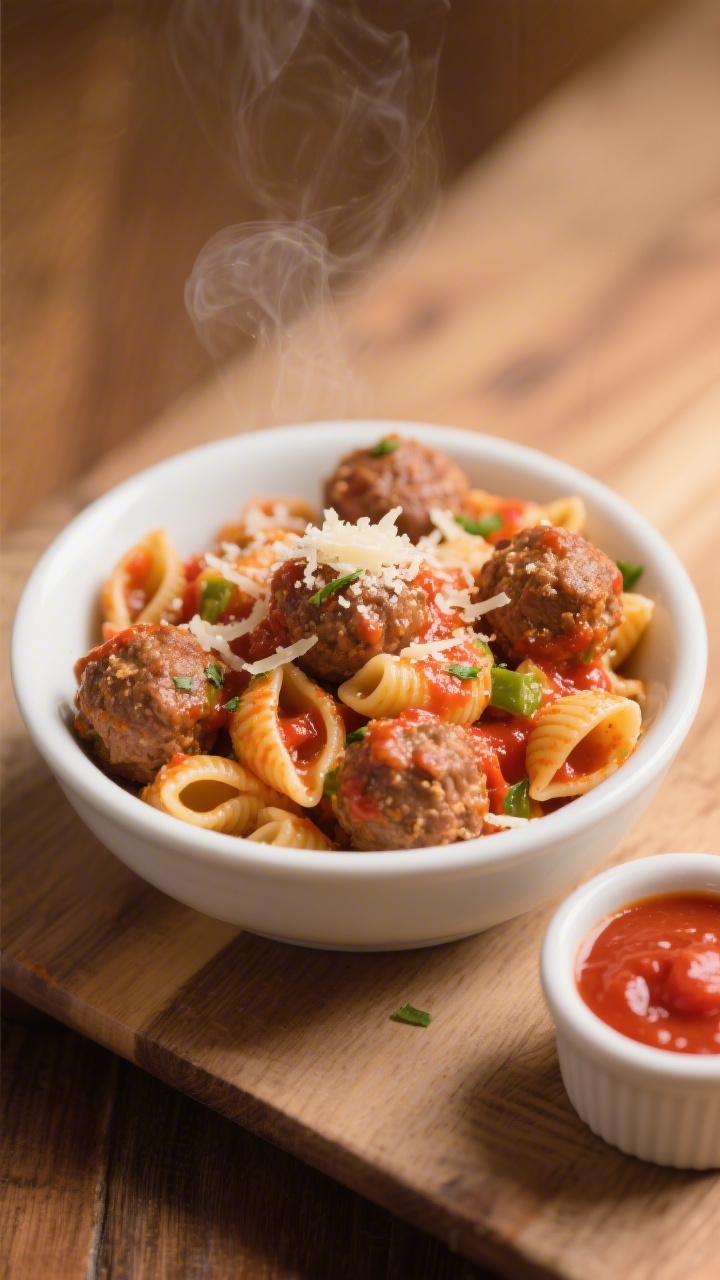 45-degree angle close-up of cozy mini turkey meatball pasta in hidden-veggie marinara: ditalini (or mini shells) coated in a smooth red sauce, studded with bite-size browned turkey meatballs made with breadcrumbs, grated Parmesan, and gentle seasoning (onion powder). Light Parmesan dusting on top, a few flecks of herb for color. Steam subtly rising, glossy sauce clinging to pasta, presented in a small white toddler bowl on a warm wooden table; a tiny ramekin of extra marinara at the side for dipping.