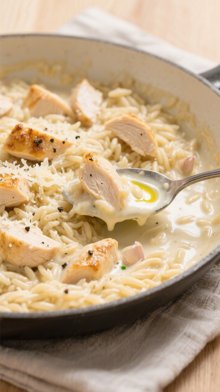 45-degree angle close-up of creamy one-pot chicken alfredo orzo in a wide shallow pan: tender 1/2-inch chicken breast pieces seared golden, tiny orzo grains swirled in a glossy sauce made from low-sodium chicken broth and milk (no heavy cream), flecks of minced garlic visible, finished with a light dusting of grated Parmesan and cracked black pepper. Olive oil sheen glistening, spoon lifting a creamy scoop to show silky texture, set on a light wood surface with a simple linen.