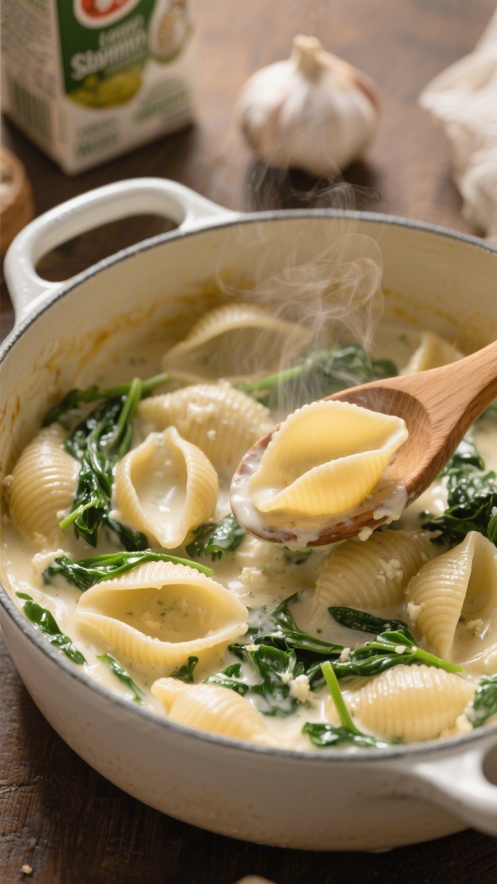 45-degree angle close-up of creamy one-pot spinach Alfredo shells in a white enameled saucepan: small pasta shells coated in a silky cottage-cheese-based Alfredo, glossy from olive oil/butter, with tender wilted spinach ribbons throughout; steam gently rising; a wooden spoon lifting shells to show the lush sauce; nearby ingredients subtly framed—garlic clove, low-sodium broth carton; warm, cozy mood with soft highlights.