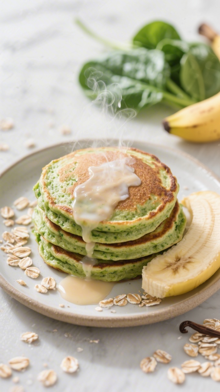 45-degree angle close-up of fluffy green spinach-banana oat pancakes stacked on a small toddler plate, steam gently rising, a drizzle of warm milk splash on the side and a hint of vanilla, rolled oats sprinkled around, showcasing the tender crumb; include a banana half and a handful of fresh baby spinach leaves in the background to highlight ingredients, clean bright morning light