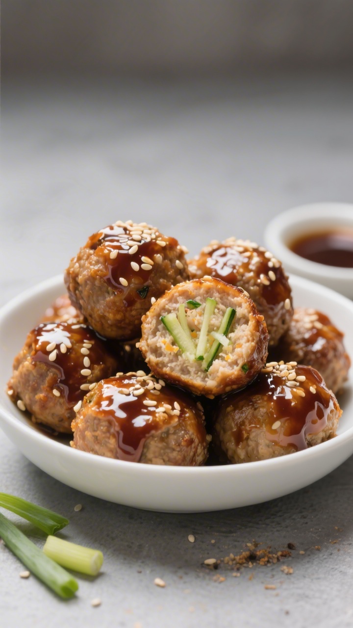 45-degree angle close-up of glossy teriyaki chicken meatballs piled in a shallow white bowl, sesame seeds sprinkled on top, sticky glaze clinging to every curve. Cross-section of one meatball reveals finely grated zucchini threads inside, with visible flecks from breadcrumbs, egg binder, and seasonings (soy sauce, garlic powder, onion powder). Presented with a small dish of sauce and a few scallion slices on a neutral slate backdrop, soft directional light for appetizing shine.