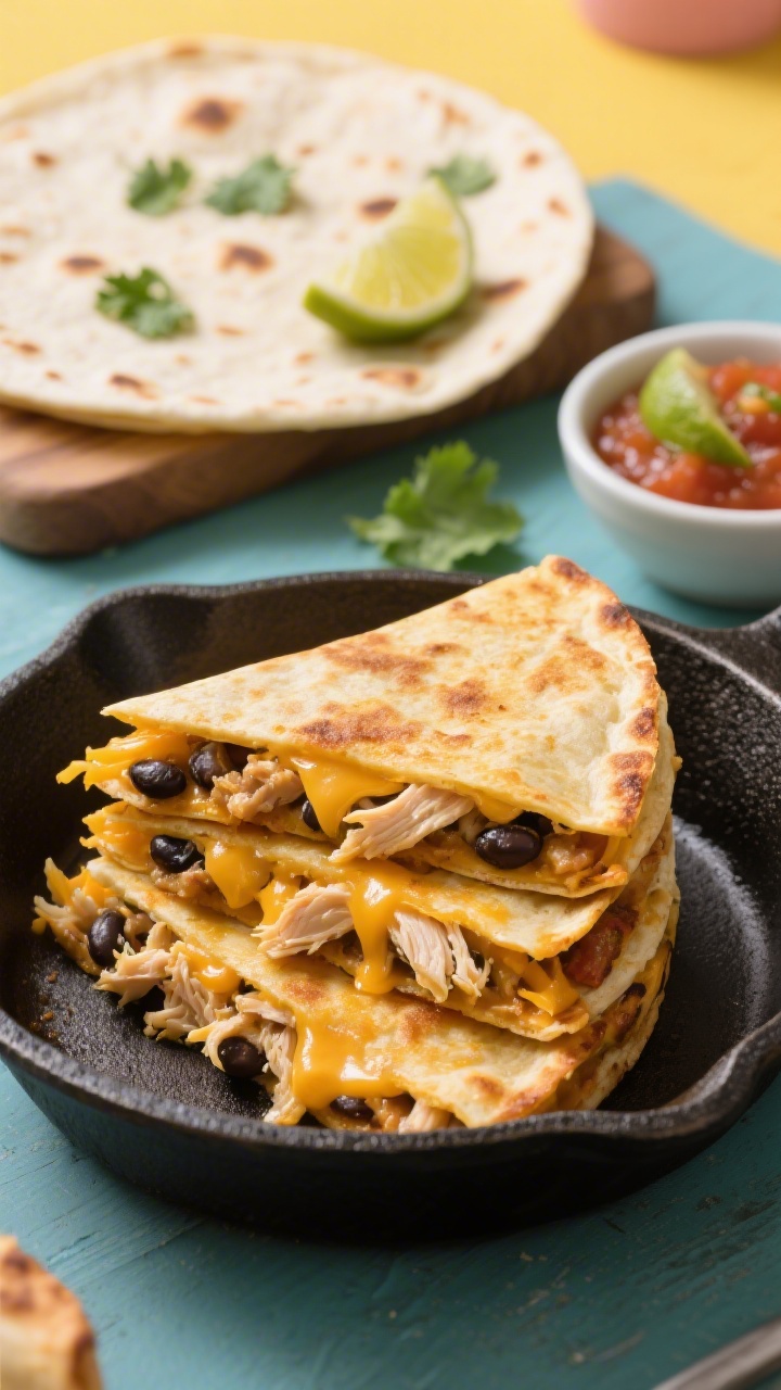 45-degree angle close-up of golden, crispy-cheesy quesadilla triangles stacked slightly offset on a cast-iron skillet, showing oozing shredded cheddar/Mexican blend, shredded chicken, and black beans at the cut edges; a small bowl of mild salsa and lime wedges in the background; flour tortillas with light char spots, sprinkled with a few cilantro leaves; bright, kid-friendly mood with vibrant colors and shallow depth of field.