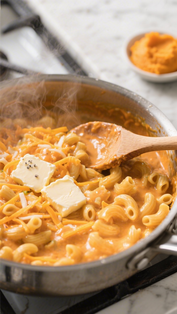 45-degree angle close-up of hidden veg mac and cheese being stirred in a saucepan: small elbows coated in a silky, sunset-orange butternut squash and milk cheese sauce, mild shredded cheddar melting in ribbons, pats of unsalted butter softening on top, a sprinkle of salt and a tiny splash mark hinting at flour thickening. Steam gently rising, creamy texture emphasized, set on a light marble stovetop scene with a wooden spoon and a small dish of extra butternut puree.