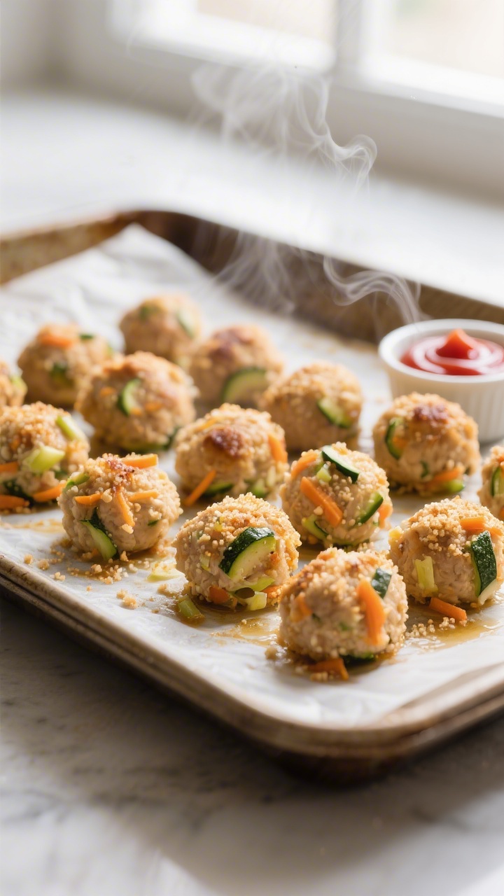 45-degree angle close-up of mini chicken veggie meatballs just out of the oven on a parchment-lined sheet pan, golden and juicy with visible fine shreds of zucchini and carrot, speckled with breadcrumbs; a small dish of ketchup off to the side for kid appeal, steam subtly rising, soft natural window light, shallow depth of field emphasizing texture.