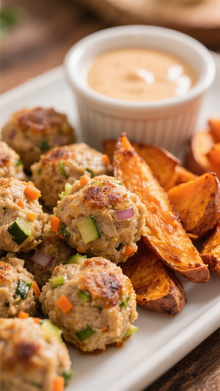 45-degree angle close-up of mini chicken veggie meatballs with sweet potato dippers: golden-browned ground chicken meatballs studded with grated zucchini, tiny carrot bits, and flecks of onion, tender and juicy; served alongside roasted sweet potato wedges with caramelized edges; a small ramekin of mild dipping sauce in the background; warm, cozy tones, shallow depth of field emphasizing moist meatball texture and orange sweet potato color.