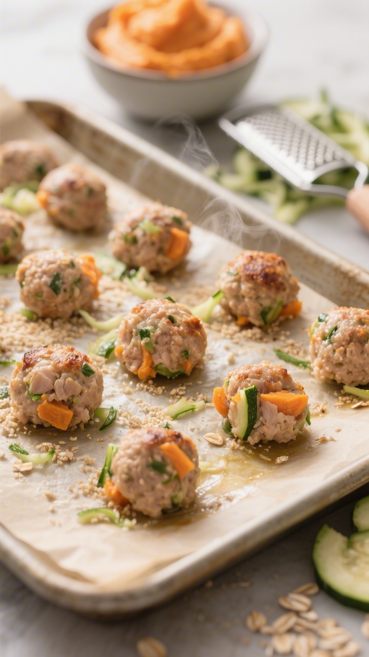45-degree angle close-up of mini chicken veggie meatballs on a parchment-lined sheet pan just out of the oven: bite-sized, lightly browned ground chicken/turkey meatballs flecked with hidden mashed sweet potato, very finely grated zucchini (squeezed dry), and fine breadcrumbs/oats. A small bowl of mashed sweet potato and a microplane with zucchini shreds sit blurred in the background. Warm, soft light highlighting moist, tender texture and steam.