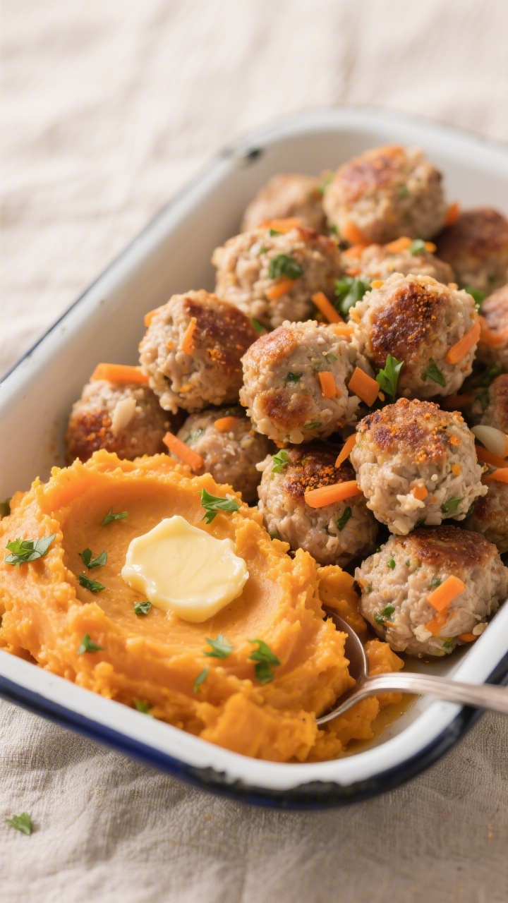 45-degree angle close-up of mini chicken veggie meatballs piled in a shallow enamel dish beside a creamy sweet potato mash: juicy, oven-browned meatballs made from ground chicken, very finely grated carrot dotted throughout, tender crumb from breadcrumbs and egg binder, seasoned with onion powder; spoon swoosh of velvety orange mash with a pat of melting butter on top; simple parsley flecks for color; warm, homey lighting, neutral linen backdrop.