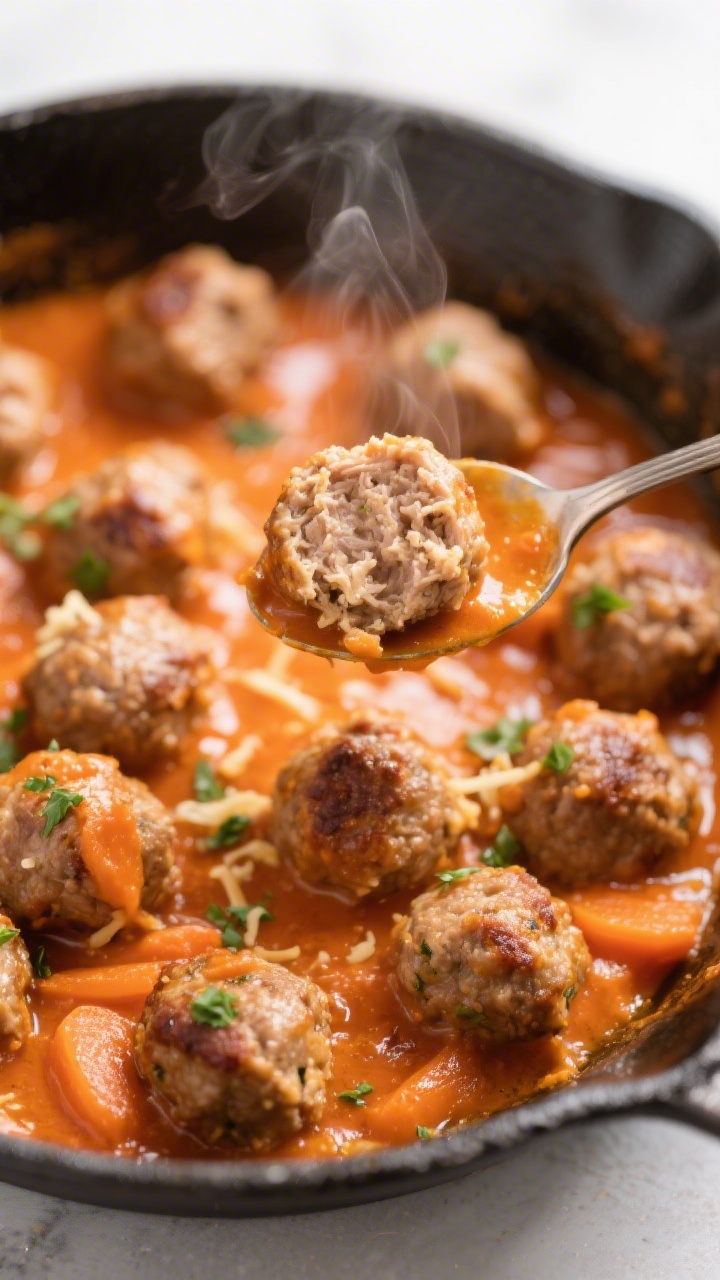 45-degree angle close-up of mini turkey meatballs simmering in a glossy sweet carrot sauce in a shallow skillet: tender, browned turkey meatballs (made with fine breadcrumbs, grated Parmesan, egg, onion powder, garlic powder, a pinch of kosher salt) coated in a vibrant orange carrot puree; tiny parsley flecks, steam visible, a spoon lifting one meatball to show moist interior, warm tones and clean background for a kid-friendly, comforting feel.