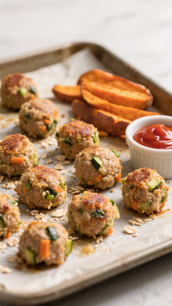 45-degree angle close-up of mini turkey veggie meatballs on a parchment-lined sheet pan, just out of the oven: golden-browned, moist meatballs studded with finely grated zucchini and carrot, flecks of oats/breadcrumbs and parmesan visible. On the side, thick-cut roasted sweet potato dippers arranged in a tidy stack; a tiny ramekin of mild ketchup for dipping. Neutral background, crisp detail on textures, gentle shadows, no people.