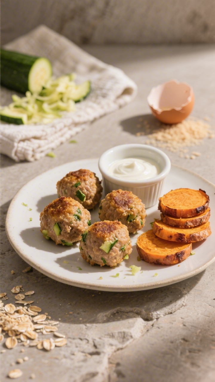 45-degree angle close-up of mini turkey zucchini meatballs plated for toddlers: bite-size, golden-brown turkey meatballs with flecks of finely grated zucchini visible, arranged beside roasted sweet potato “coins” with caramelized edges. Show texture from breadcrumbs (or oat flour) on the meatball crust, with a tiny ramekin of mild dipping yogurt on the side. Include a small prep vignette behind the plate: grated and squeezed-dry zucchini on a towel, a cracked egg shell, and a sprinkling of breadcrumbs. Warm, cozy lighting on a neutral stone backdrop, shallow depth of field.
