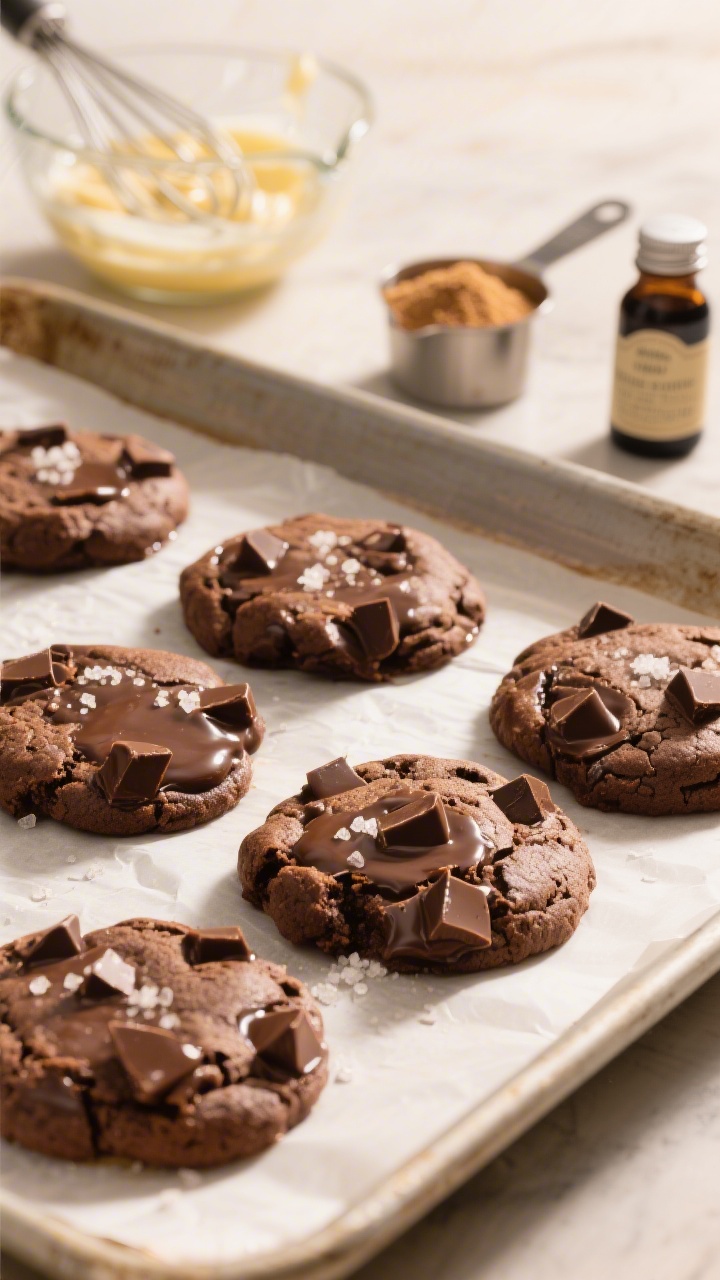 45-degree angle close-up of One-Bowl Chocolate Chunk Cookies on a parchment-lined sheet pan: gooey centers with melty irregular chocolate chunks, crackled tops dusted with a few granulated sugar crystals, a glass bowl with melted and slightly cooled unsalted butter and a whisk in the background, a measuring cup of packed light brown sugar and a bottle of vanilla extract to the side; warm, cozy tones, shallow depth of field, soft afternoon light emphasizing glossy chocolate sheen.