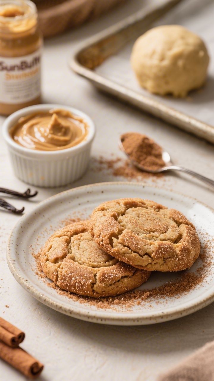45-degree angle close-up of SunButter Snickerdoodles on a small ceramic plate, each cookie rolled in sparkling cinnamon-coconut sugar with crackly tops; include a spoonful of unsweetened sunflower seed butter in a ramekin, a scattering of coconut sugar, and a vanilla bottle in the background; one unbaked dough ball coated in cinnamon sugar on a nearby tray to hint at process; cozy, warm tones, shallow depth of field highlighting the cinnamon-sugar crunch
