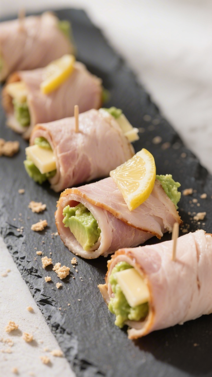 45-degree angle close-up of turkey, avocado, and cheese roll-ups: low-sodium deli turkey slices rolled around creamy mashed avocado and mild cheese strips, ends neatly tucked so no toothpicks are needed; light brush of lemon on the avocado for freshness; rolls lined up on a slate board with a few soft whole-grain cracker crumbs scattered; soft directional light, crisp focus on layers.