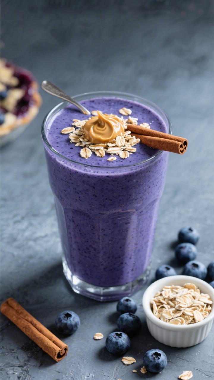45-degree angle final Blueberry Pie Smoothie with garnish: a deep purple-blue smoothie in a clear glass, topped with a sprinkle of rolled oats, a pinch of cinnamon, and a small spoonful swirl of almond butter; fresh or frozen blueberries scattered, a cinnamon stick, and a small ramekin of oats nearby; cool-toned slate backdrop to make the colors pop, soft diffused light, appetizing thick texture, no people.