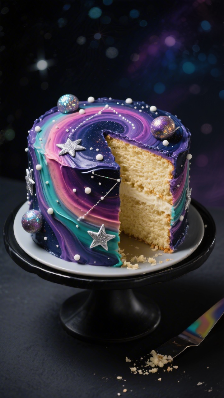 45-degree angle hero shot of a Galaxy Swirl space cake: two 8-inch vanilla cake layers stacked and smoothly frosted with a glossy buttercream made from unsalted butter, powdered sugar, vanilla extract, and milk. The exterior features a galaxy gradient of deep navy, purple, magenta, and teal buttercream swirls, with hand-painted edible silver stars and tiny white buttercream dots as constellations; shimmering luster-dust planets added for depth. One clean slice removed to reveal soft vanilla crumb; crumbs on plate minimal. Set on a black cake stand against a dark background with subtle bokeh “starlight.” Side tools: offset spatula with tinted buttercream streaks. Professional, dramatic lighting to make colors pop.
