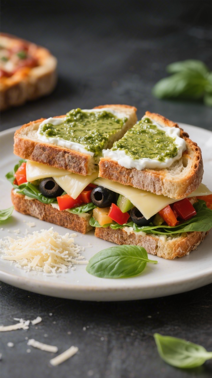 45-degree angle hero shot of a savory veggie pizza sandwich with creamy pesto spread: sturdy toasted sourdough slices slathered with a creamy pesto mixture (Greek yogurt + basil pesto + grated Parmesan), layered with provolone slices, colorful diced pizza-style veggies (suggest red bell pepper, black olives, and baby spinach to imply “veggie pizza”), then pressed and cut in halves to reveal strata; a light pesto smear on the plate, a tiny mound of extra Parmesan, and a few basil leaves; crisp edges on the bread, glossy melted provolone, vibrant greens, professional, appetizing, lunchbox-ready vibe.