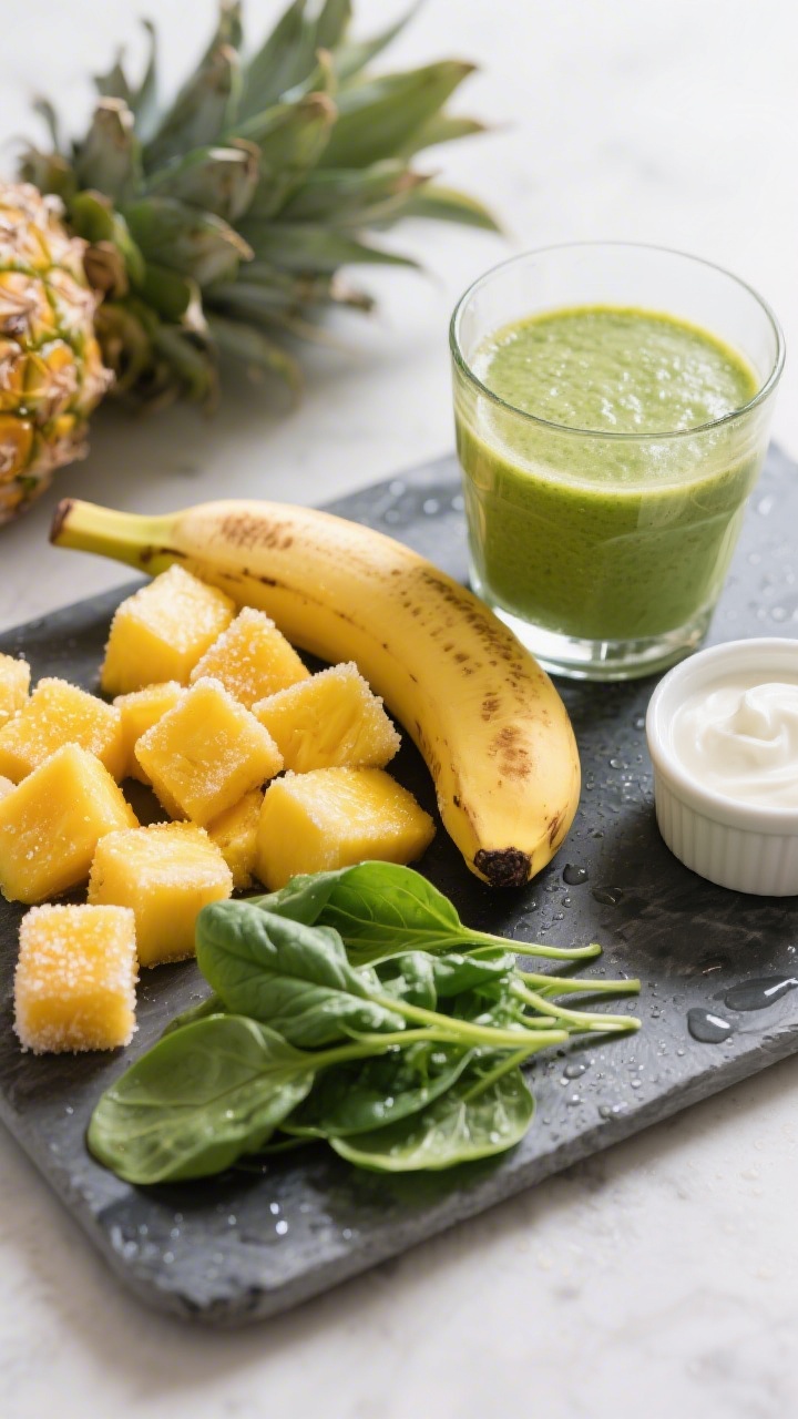 45-degree angle ingredient prep scene for Hidden Greens Mango Smoothie: vibrant frozen mango cubes and pineapple chunks glistening with frost, half a ripe banana, a small handful of fresh baby spinach leaves, and a chilled glass of coconut water; ingredients grouped on a cool slate board with light condensation, a small ramekin of plain yogurt off to the side as optional; bright, tropical color palette (golden yellow, lime green), clean modern styling, no people.