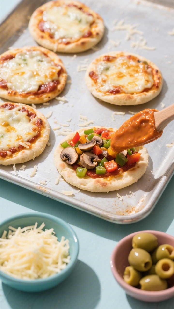 45-degree angle ingredient-to-assembly shot of mini pita pizzas on a sheet pan: some already baked with bubbly mozzarella and a sprinkle of Parmesan, others mid-assembly showing a hidden veggie pizza sauce being spread, then topped with finely diced bell pepper and finely chopped mushrooms. A small bowl of shredded cheese and sliced olives nearby. Bright, colorful, kid-appeal styling with crisp shadows.