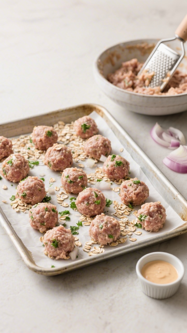 45-degree angle ingredient-to-cook transition shot for mini turkey meatball dippers: a rimmed sheet pan lined with parchment holding rows of small, formed meatballs made from ground turkey, quick oats, very finely grated onion, and flecks of chopped parsley, ready to bake. A mixing bowl with remaining mixture, a microplane with onion remnants, and a small ramekin of mild dipping sauce at the edge hinting at service. Neutral backdrop, crisp detail on oats and moist turkey texture.