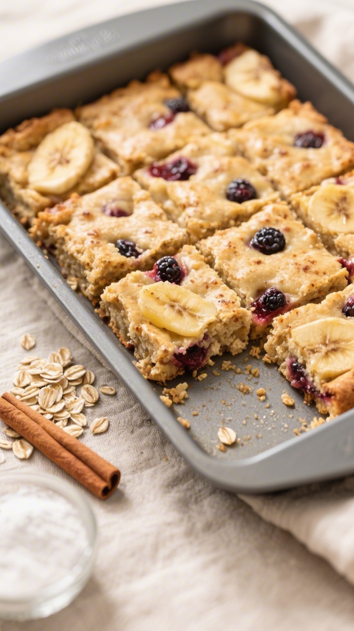 45-degree angle ingredient-to-final transition shot: a pan of no-fuss fruit and oat breakfast bars cut into neat squares, edges clean and not crumbly; visible quick oats and oat flour texture with cinnamon flecks, studded with ripe mashed fruit (banana/berries implied) and gentle golden tops; a few raw oats, a pinch of baking powder, and cinnamon stick styled beside the pan on a neutral linen, wholesome morning light.