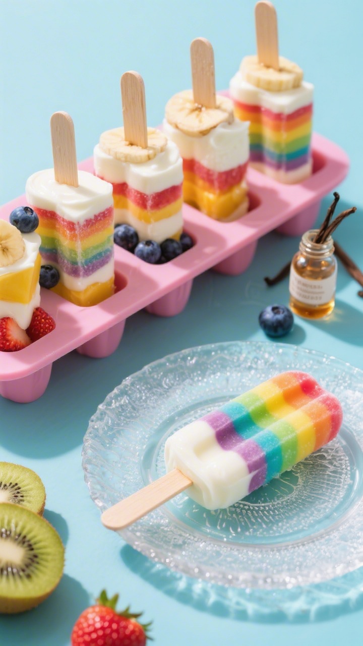 45-degree angle ingredients-to-final transition for rainbow yogurt parfait pops: lined-up silicone molds filled with layers of full-fat Greek yogurt lightly sweetened with maple syrup, mashed banana, and vibrant fruit bands (strawberries, blueberries, mango/peach, kiwi) creating a rainbow; wooden sticks inserted, a small bottle of vanilla nearby; one finished frozen pop on a frosty plate showing creamy swirl and vivid stripes; bright, playful styling, no people.