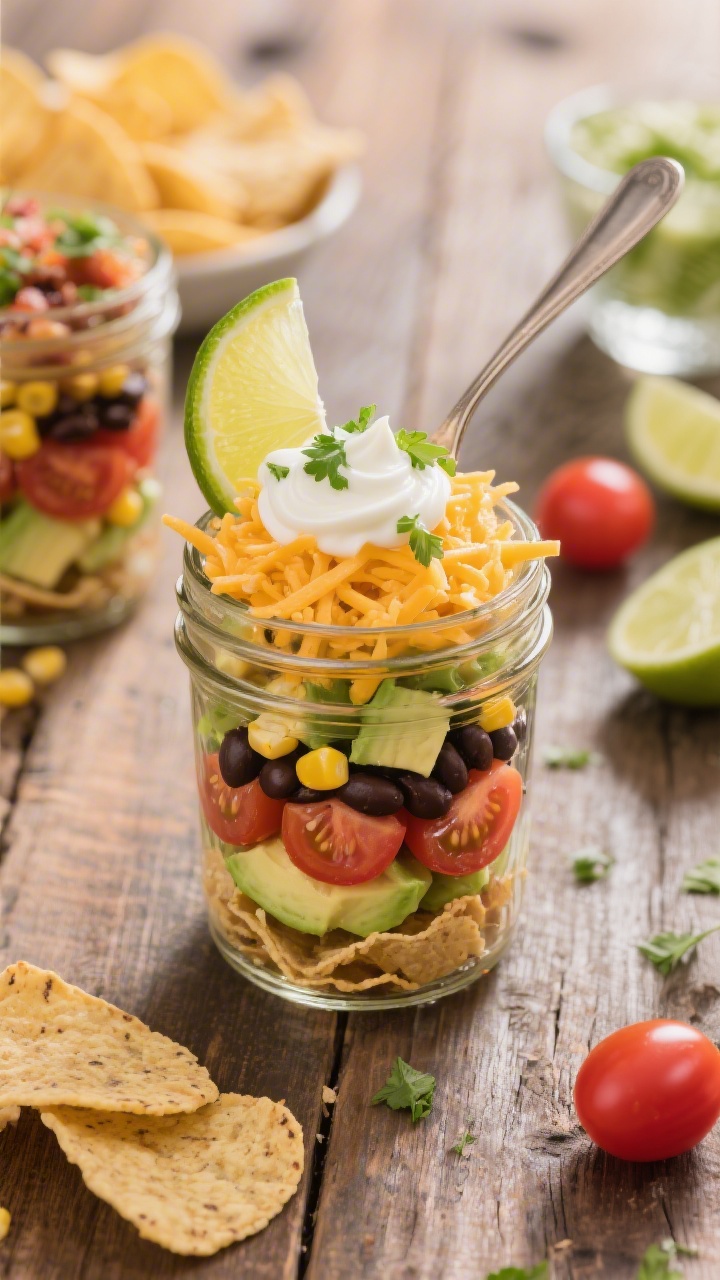 45-degree angle jar shot: layered mason jar tacos-in-a-cup showing distinct strata—lightly crushed tortilla chips at the base, black beans, sweet corn, cherry tomato quarters, diced avocado, and a fluffy mound of shredded cheddar on top. A spoonful swirl of zesty lime yogurt crowning the jar with a lime wedge and a sprinkle of chopped cilantro. Additional ingredients (chips, lime, cherry tomatoes) styled around on a rustic wooden table, vibrant and party-ready.