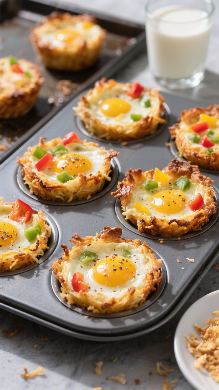 45-degree angle, muffin tin cooling: Rainbow veggie egg muffins with a crisp tater (shredded hash brown) crust lining each cup, baked until golden at the edges. The egg filling set and glossy, studded with finely chopped bell peppers in red, yellow, and green, with flecks of seasoning (garlic powder, a pinch of salt) visible. A few muffins plated on a small white dish, crumbs on a dark sheet pan, and a pour of milk in a small glass in the background; bright, morning light to suggest an easy, kid-friendly dinner or breakfast-for-dinner.