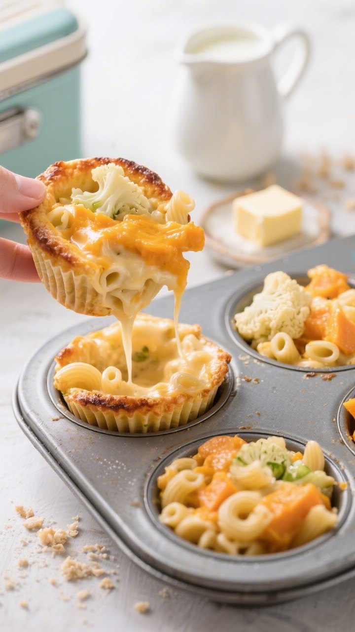 45-degree angle muffin tin shot of hidden veg mac and cheese cups just out of the oven: elbow macaroni bound in a creamy sauce enriched with steamed cauliflower and butternut squash purée, tops lightly bronzed; one muffin cup lifted to show the tender, cheesy interior stretch; milk and butter cues in the background (small pitcher and butter pat), crumbs on the tin for realism; lunchbox-friendly vibe, bright and tidy styling.