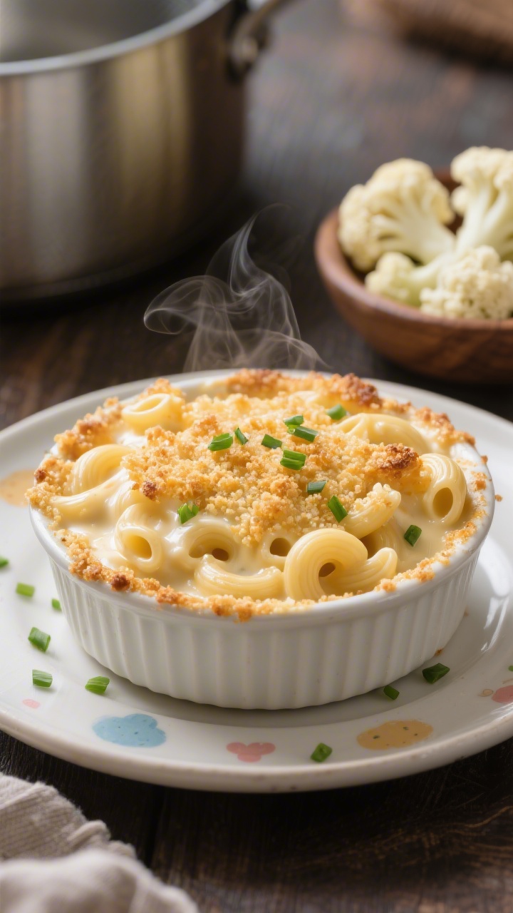 45-degree angle of creamy hidden-cauliflower mac ‘n’ cheese in a small oven-safe dish with a crunchy baked top: elbows or shells coated in a silky cheddar-and-milk sauce blended with cauliflower, hints of cream cheese gloss, lightly golden breadcrumb crust, steam wafting; sprinkled with tiny chive pieces on a child-friendly portion plate; background includes a blurred pot and a small bowl of steamed cauliflower florets to suggest the hidden veg.