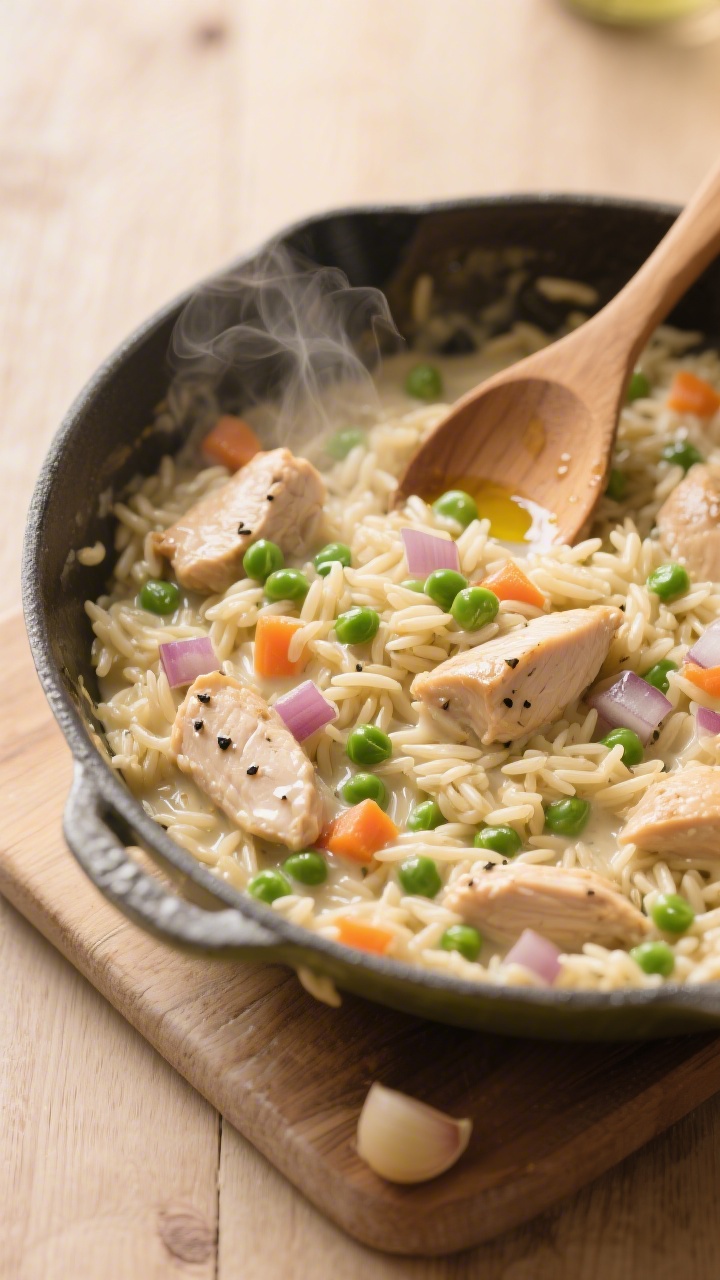 45-degree angle, one-pot creamy chicken orzo served in a shallow enamel skillet: tiny orzo swirled in a glossy, starchy sauce with tender 1/2-inch chicken thigh pieces, sweet peas folded through, finely diced onion and carrot visible, optional garlic notes hinted by a clove in the scene; steam rising, olive oil sheen, sprinkled with a tiny pinch of black pepper; set on a light wood table with a wooden spoon resting in the pot, cozy weeknight comfort vibe.