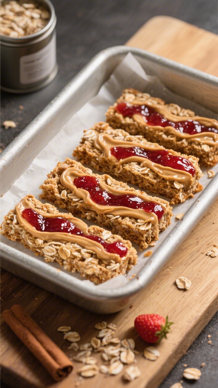 45-degree angle pan shot of PB&J baked oatmeal fingers cooling in a parchment-lined square tin; visible rolled oats, peanut butter swirl, and a glossy streak of strawberry jam baked through; cut into tidy, no-crumb squares with a few crumbs on the board; warm, cozy tones with a pinch of cinnamon and baking powder tin subtly in frame.
