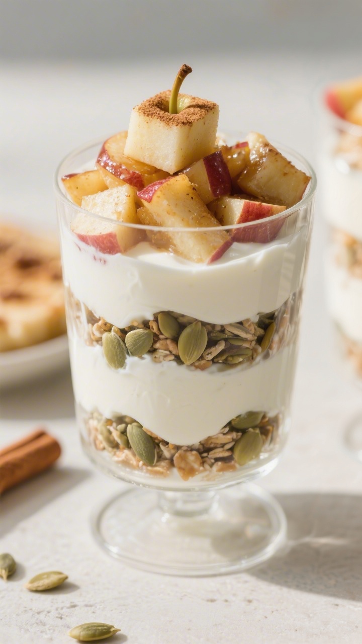 45-degree angle parfaits: layered apple pie Greek yogurt parfaits in clear toddler-friendly glasses—plush full-fat Greek yogurt, warm cinnamon-diced sautéed apples glistening with a touch of butter/coconut oil and maple syrup, and a hidden sprinkle of hemp hearts between layers for crunch; topped with a final apple cube crown and a dusting of cinnamon; neutral backdrop, soft afternoon light.